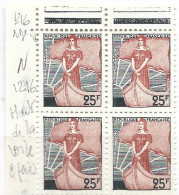 FRANCE N° 1216 25FROUGE VERT ET BLANC MARIANNE A LA NEF HAUT DE LA VOILE EPAIS BLOC DE 4 TENANT A NORMAL - Unused Stamps