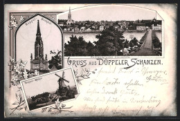 Lithographie Düppeler Schanzen, Pontonbrücke Sonderburg, Düppel-Mühle Und Düppel-Denkmal  - Danemark