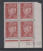 France N° 515 XX : Type Mal Pétain : 1 F. 20 Brun En Bloc De 4 Coin Daté Du 23 . 3 . 42 ; 3 Points Blancs ; Sans Ch., TB - 1940-1949