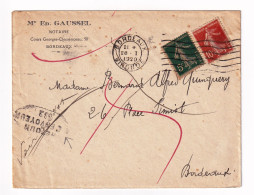Lettre 1920 Bordeaux Gironde Gaussel Notaire Retour à L'Envoyeur Décédé Alfred Quinquery Timbres Semeuse - 1906-38 Semeuse Con Cameo