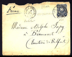 LETTRE DE BAD NAUHEIM - 1881 - 20pf BLEU POUR BEAUCOURT (BELFORT)  - Covers & Documents