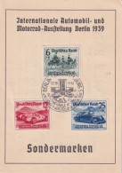 1939  Germania Foglietto Con SERIE E ANNULLO MSPECIALE FIGURATO SALONE AUTOMOBILISTICO - Auto's
