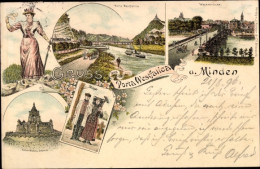 Lithographie Porta Westfalica In Nordrhein Westfalen, Minden, Kaiser Wilhelm Denkmal, Weserbrücke - Other & Unclassified