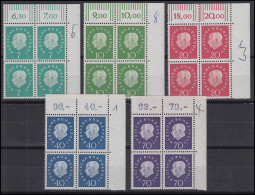 302-306 Heuss 5 Werte Eck-Vierer Oben Rechts, Ungefaltet, Postalisch Beschr. **  - Unused Stamps