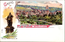 Lithographie Wiesbaden In Hessen, Panorama, Denkmal Kaiser Friedrich III. - Autres & Non Classés