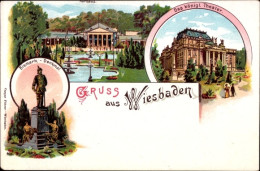 Lithographie Wiesbaden In Hessen, Kurhaus, Bismarck-Denkmal, Theater - Autres & Non Classés