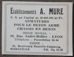 Publicité : Ets A. Mure, Armatures Pour Béton Armé, Chassis En Béton, Lyon Et Marseille, 1951 - Pubblicitari