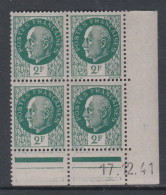 France N° 518 XX : Type Mal Pétain : 2 F. Vert En Bloc De 4 Coin Daté Du 17 . 12 . 41 ; Ss Point Blanc ; Sans Char., TB - 1940-1949