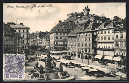 AK Graz, Hauptplatz Mit Denkmal, Strassenbahn Und Häuserfassaden, Cafe, Warenhaus  - Strassenbahnen