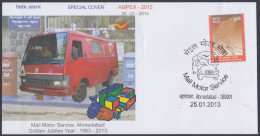 Inde India 2013 Special Cover Mail Motor Service, Ahmedabad, Van Car, Postbox, Postal Service, Truck, Pictorial Postmark - Briefe U. Dokumente