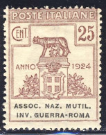 1924 - Enti Parastatali - Assoc. Naz. Mutil. Inv. Guerra-Roma - 25 C. Lillà Br. Nuovo MNH (Sassone N.7) 2 Immagini - Portofreiheit