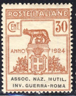 1924 - Enti Parastatali - Assoc. Naz. Mutil. Inv. Guerra-Roma - 30 C. Bruno Nuovo MNH (Sassone N.8) 2 Immagini - Franchise