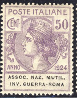 1924 - Enti Parastatali - Assoc. Naz. Mutil. Inv. Guerra-Roma - 50 C. Violetto Nuovo MNH (Sassone N.9) 2 Immagini - Franquicia