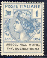 1924 - Enti Parastatali - Assoc. Naz. Mutil. Inv. Guerra-Roma - 1 Lira Azzurro Nuovo MNH (Sassone N.10) 2 Immagini - Portofreiheit