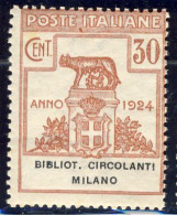 1924 - Enti Parastatali - Bibliot. Circolanti Milano - 30 C. Bruno Nuovo MNH (Sassone N.15) 2 Immagini - Mint/hinged