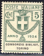 1924 - Enti Parastatali - Consorzio Bibliot. Torino - 5 C. Verde Nuovo MNH (Sassone N.30) 2 Immagini - Portofreiheit