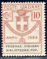 1924 - Enti Parastatali - Federaz. Italiana Biblioteche Pop. - 10 C. Rosa Nuovo MNH (Sassone N.34) 2 Immagini - Franchise