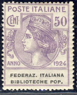 1924 - Enti Parastatali - Federaz. Italiana Biblioteche Pop. - 50 C. Violetto Nuovo MNH (Sassone N.36) 2 Immagini - Ungebraucht