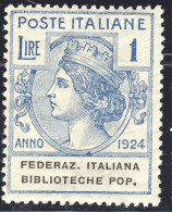 1924 - Enti Parastatali - Federaz. Italiana Biblioteche Pop. - 1 Lira Azzurro Nuovo MNH (Sassone N.37) 2 Immagini - Portofreiheit