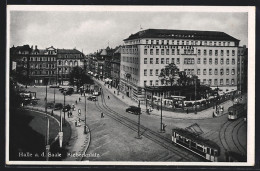AK Halle A.d. Saale, Riebeckplatz Mit Strassenbahn, Hotel Goldene Kugel  - Strassenbahnen