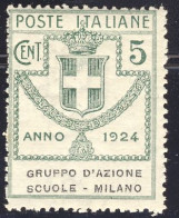 1924 - Enti Parastatali - Gruppo D'Azione Scuole - Milano - 5 C. Verde  Nuovo MNH (Sassone N.38) 2 Immagini - Franquicia