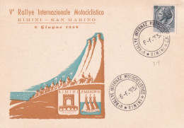 1954  San Marino  Cartolina Con Annullo Speciale V RALLY INT. MOTOCICLISTICO RIMINI - Moto