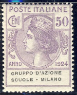 1924 - Enti Parastatali - Gruppo D'Azione Scuole - Milano - 50 C. Violetto  Nuovo MNH (Sassone N.41) 2 Immagini - Neufs