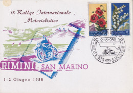 1958  San Marino  Cartolina Con ANNULLO SPECIALE FIGURATO RALLY INT. MOTOCICLISTICO - Motorbikes