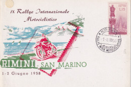 1958  San Marino  Cartolina Con ANNULLO SPECIALE  RALLY INT. MOTOCICLISTICO - Motorbikes