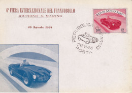 1954  San Marino  Cartolina Con ANNULLO SPECIALE FIGURAT E FRANCOBOLLO  AUTOMOBILE FERRARI - Automobilismo