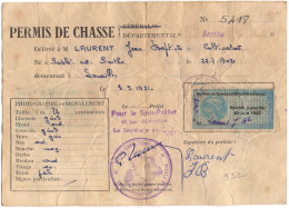 FRANCE CARTE PERMIS DE CHASSE AVEC TIMBRES DE 1951 A 1954 - Cartas & Documentos
