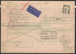 BRD: 1972, LuPo Paketkarte In Die Schweiz, Tagesstpl. WERTHER / ZOLLAMT ZÜRICH - Primeros Vuelos