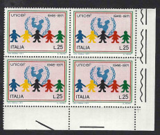 Italia 1971; 25° Anniversario UNICEF Da Lire 25; Quartina Di Angolo Inferiore. - 1971-80: Mint/hinged