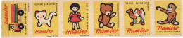 Czech Republic, 6 X Matchbox Labels, HAMIRO - Export Company Of Toys, Cat, Bear, Camel, Monkey, Truck, Doll - Matchbox Labels