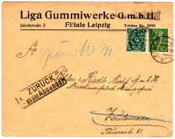 DR 1923, 100 Pf.+4 Mk. Auf Retour Brief V. Leipzig N. Zeulenroda M. Zurück-Stpl. - Lettres & Documents