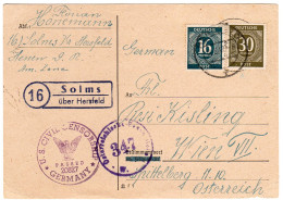 1947, Landpost Stpl. 16 SOLMS über Hersfeld Auf Zensur Karte N. Österreich - Covers & Documents