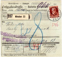 Bayern 1915, EF 50 Pf. Ludwig Type I Auf Paketkarte V. MÜNCHEN 33 N. Ungarn - Cartas & Documentos
