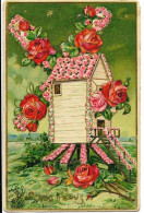 Jolie Fantaisie Gaufrée MOULIN Fleuri De Roses Rouges "Je Pense à Vous" Ed. KF 3011, Envoi 1914 - Other & Unclassified
