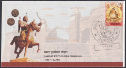 Inde India 2010 Special Cover Samrat Prithvi Raj Chauhan, Horse, Archer, Statue, Coin, Fort, Pictorial Postmark - Cartas & Documentos