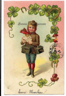 Bonne Année Facteur (factrice) Distribuant Le Courrier, Trèfles 4 Feuilles Porte-bonheur, Liseré Doré, Envoi 1904 - Autres & Non Classés