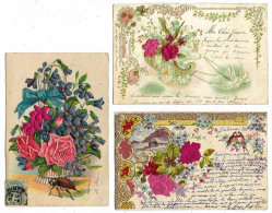 3 Cpa Fantaisie Fleurs Roses Gaufrées Velours Avec Oiseaux Ou Hanneton, Début De Siècle 1902-1903-1906 TBE - A Systèmes