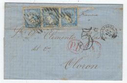Lettre De Zaragoza 1866 Pour Oloron France - Bande De 3 Timbres - Brieven En Documenten