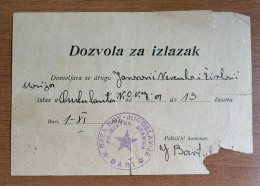 Document, PERMISION TO GO OUT Base NOV Yugoslavie, Receiving Station BARI 1944. - Historische Dokumente