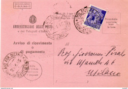 1945 RICEVUTA DI RITORNO CON ANNULLO MILANO MRCATO - Marcophilia