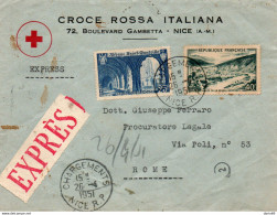 195I  LETTERA ESPRESSA INTESTATA CROCE ROSSA ITALIANA NICE  CON ANNULLO CHARGEMENTS NICE PER ROMA - Covers & Documents