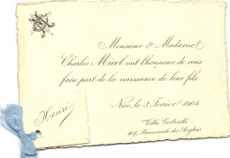 Faire Partt De Naissance Henti Nice 3 Fervrier 1904 + Petit Noeud Bleu RV - Birth & Baptism