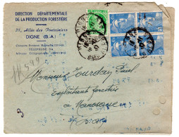 1947 " Direction De La PRODUCTION  FORESTIERE à DIGNE 04 "  T P Bloc De 4 Gandon 4f50 Bleu + Mazelin 2f Vert - Brieven En Documenten