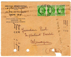 1948  " Direction De La PRODUCTION FORESTIERE à DIGNE " Bloc De  3 Mazelin 3f Vert Envoyée à MANOSQU - Covers & Documents