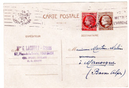 1947 C P " LACOURT Grains à TOULOUSE "  ENTIER  Mazelin 2,50f + Mazelin 1,00f Rouge  Envoyée à MANOSQUE - Voorloper Kaarten