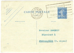 1931  CAD De PARIS Rue Crozatier  Entier Sur Semeuse 40c Bleu  Envoyée à FORCALQUIER - AK Mit Aufdruck (vor 1995)